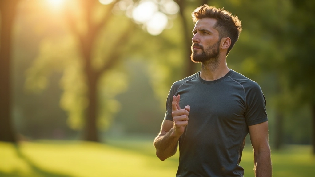 Man practicing breathing exercises outdoors, calm focused expression, wellness activity