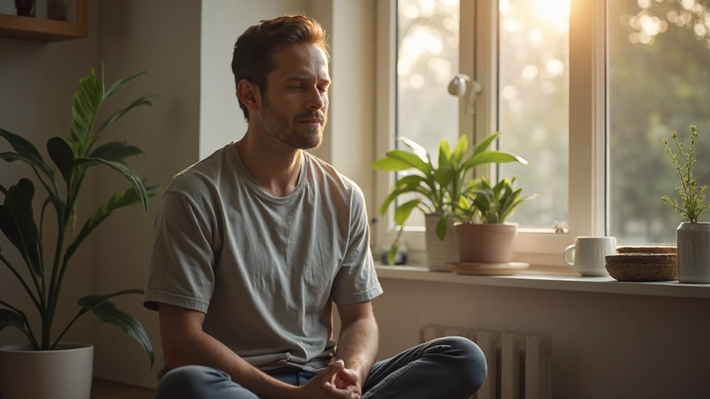 Close-up van iemand die diep mediteert met rustige gezichtsuitdrukking in vredige binnenruimte