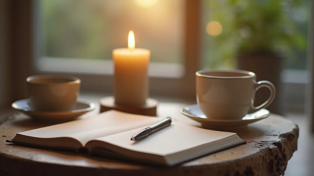 Rustige schrijfomgeving met kaars, thee en geopend journal klaar voor dagelijkse reflectie