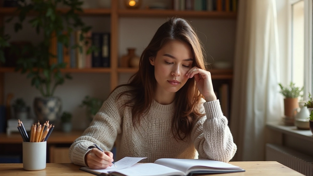 Person writing in journal at desk with warm lighting, focused on self-reflection practice