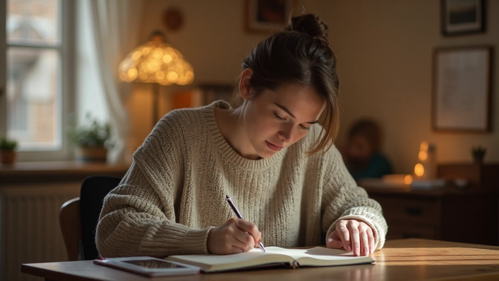 Persoon schrijft in dagboek aan bureau met warm licht, gefocust op zelfonderzoek praktijk
