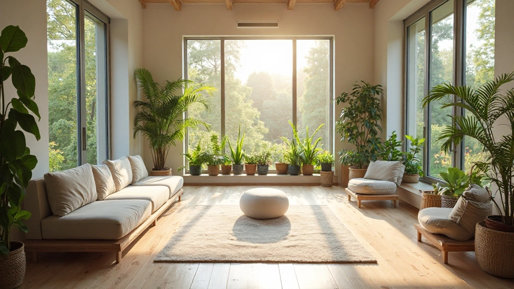 Rustige meditatieruimte met natuurlijk licht en groene planten