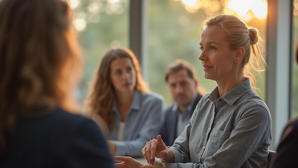 Woman in group discussion setting, engaged conversation, collaborative learning environment