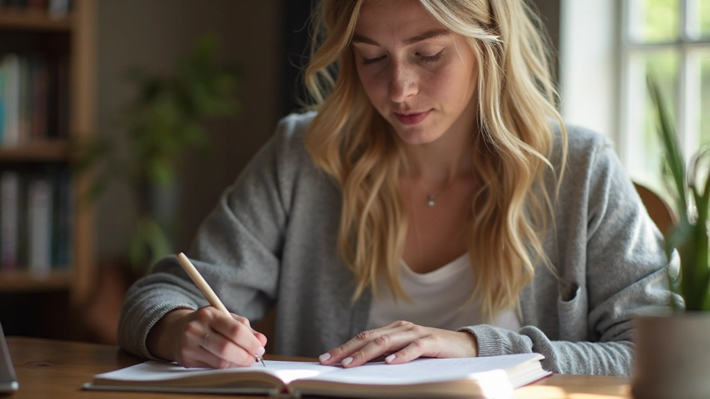 Iemand schrijft reflectief in dagboek in rustige thuisomgeving