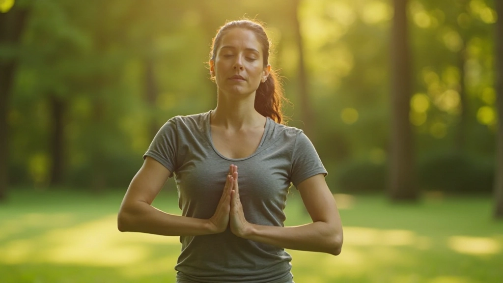 Iemand oefent ademhalingtechnieken in rustige buitenomgeving