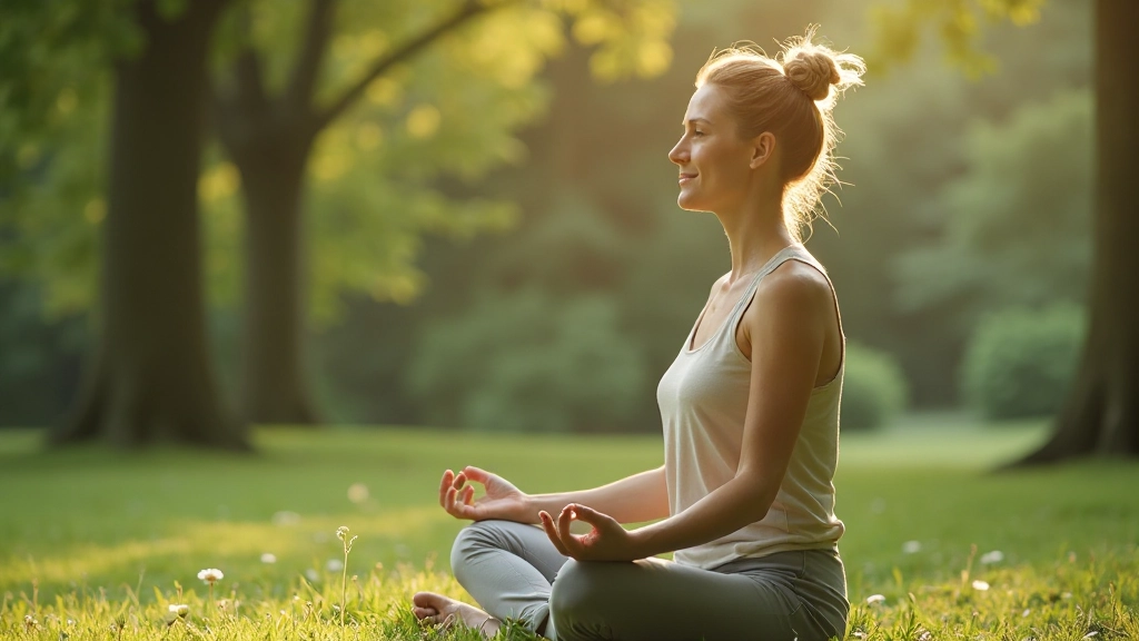 Persoon die in vredige positie mediteert in rustige natuuromgeving met zachte zonlicht