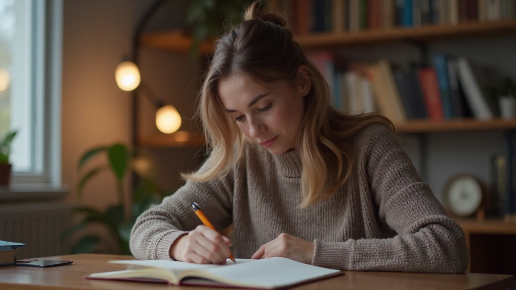 Persoon die reflectief schrijft in een rustige omgeving met koffiekopje