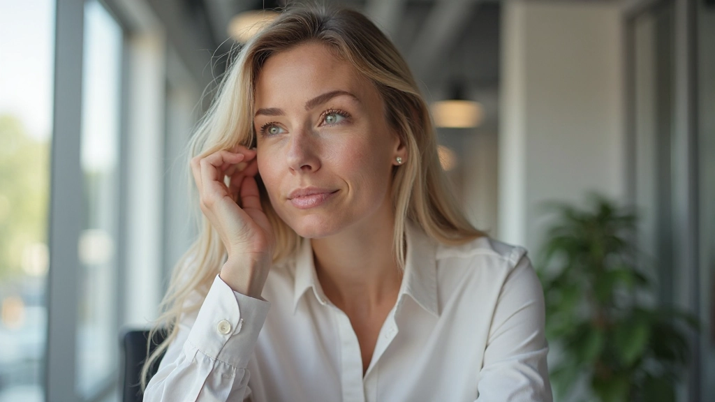 Professional woman in thoughtful pose, hands on face, contemplative mindset development